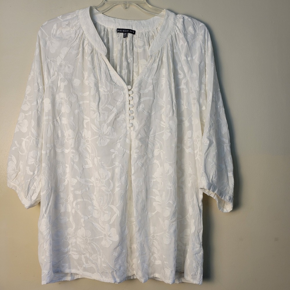 Brixon Ivy White Floral Embroidered Boho Peasant Blouse 2X Plus Size